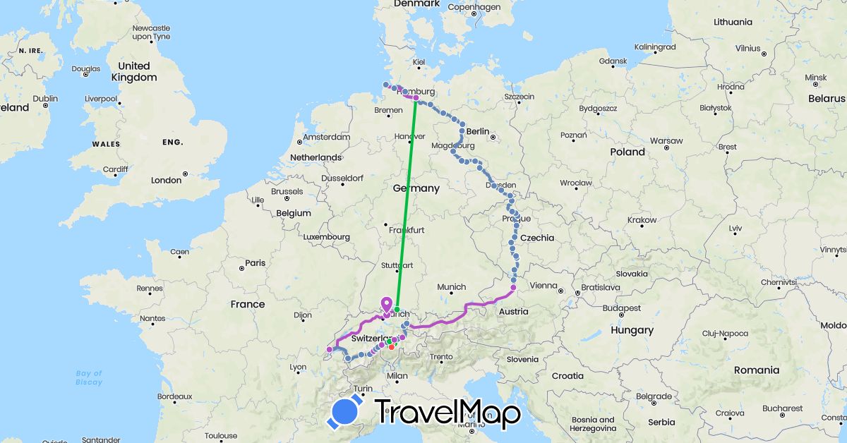 TravelMap itinerary: driving, bus, cycling, train, hiking in Austria, Switzerland, Czech Republic, Germany (Europe)