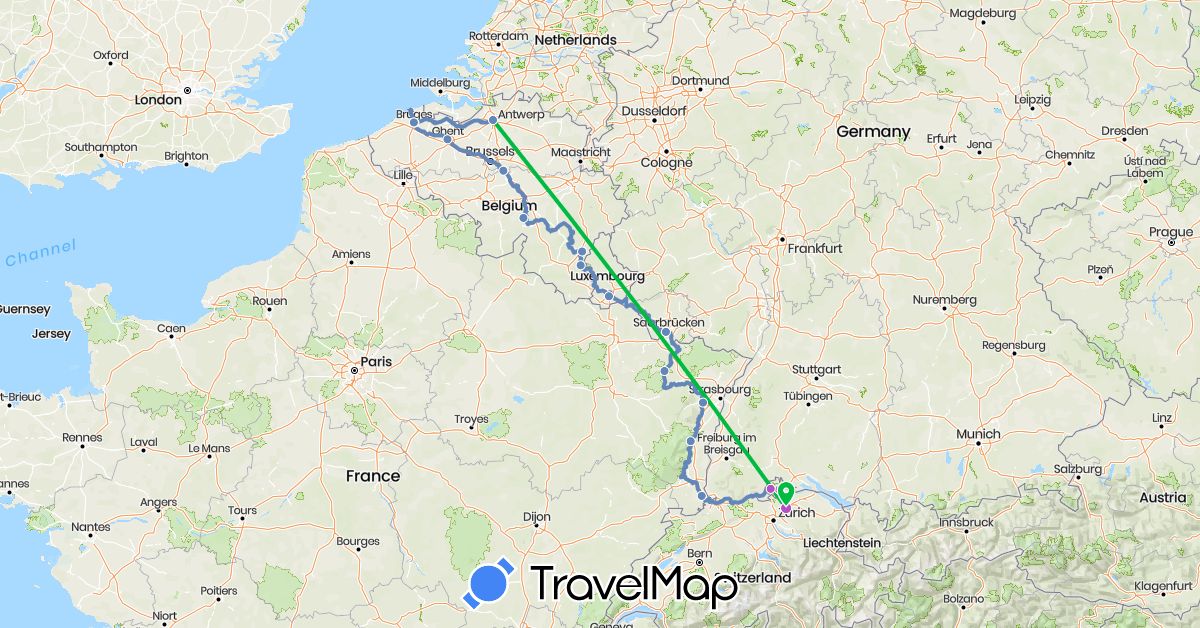 TravelMap itinerary: driving, bus, cycling, train in Belgium, Switzerland, Germany, France, Luxembourg (Europe)